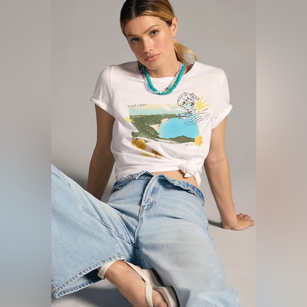 Anthropologie Maeve “Postcard Graphic Tee” White Short Sleeve